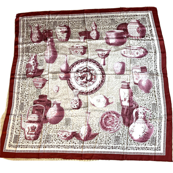 Large Silk Scarf 42 in square NWT silky Asian red pink teapots vessels vases - Picture 1 of 11